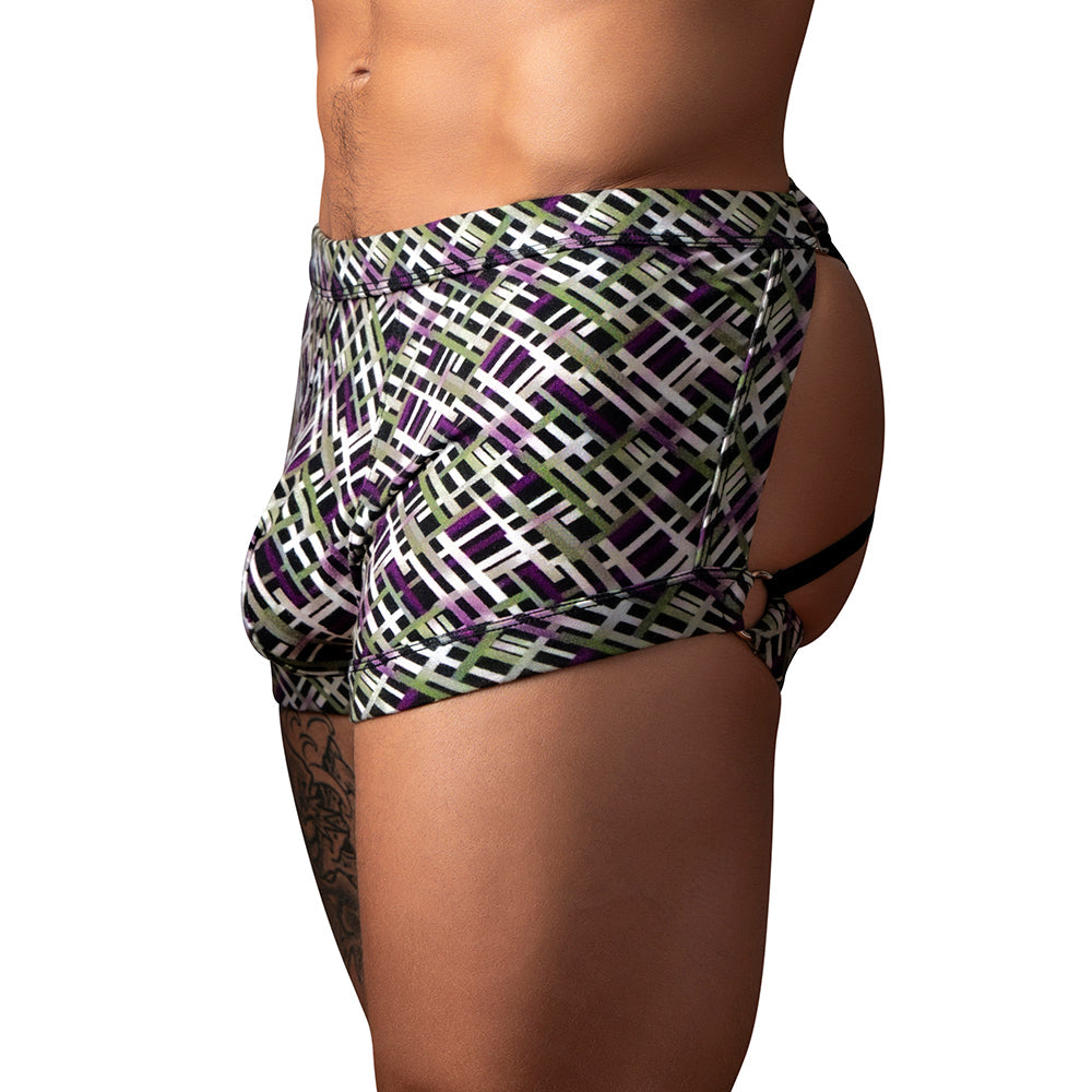 MALE POWER GRIDLOCK''D SHORT WITH STRAP PRINT L