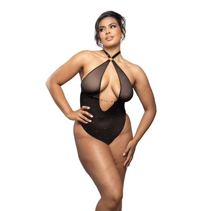 RADIANCE ONYX KEYHOLE HALTER TEDDY WITH JEWELED CENTER STRAP 1XL/2XL