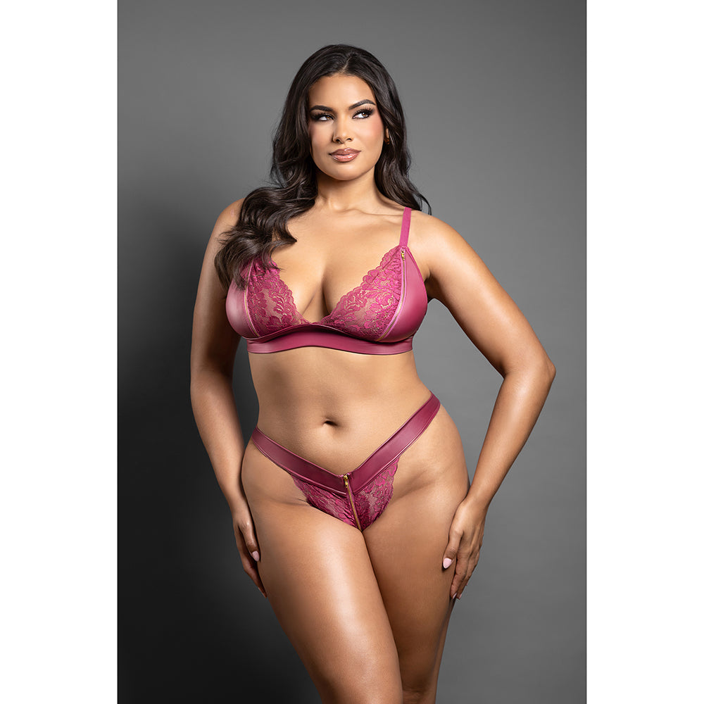 FANTASY LINGERIE - DOMINA BRALETTE & PANTY WITH ZIPPER DETAILS BERRY QUEEN SIZE