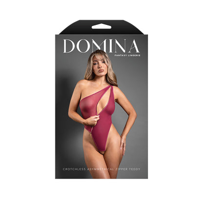 DOMINA CROTCHLESS ONE-SHOULDER TEDDY WITH ASYMMETRICAL FRONT ZIPPER BERRY