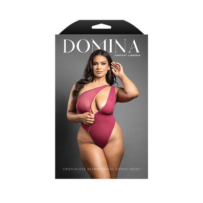 FANTASY LINGERIE - DOMINA CROTCHLESS SHOULDER TEDDY WITH ASYMMETRICAL FRONT ZIPPER BERRY