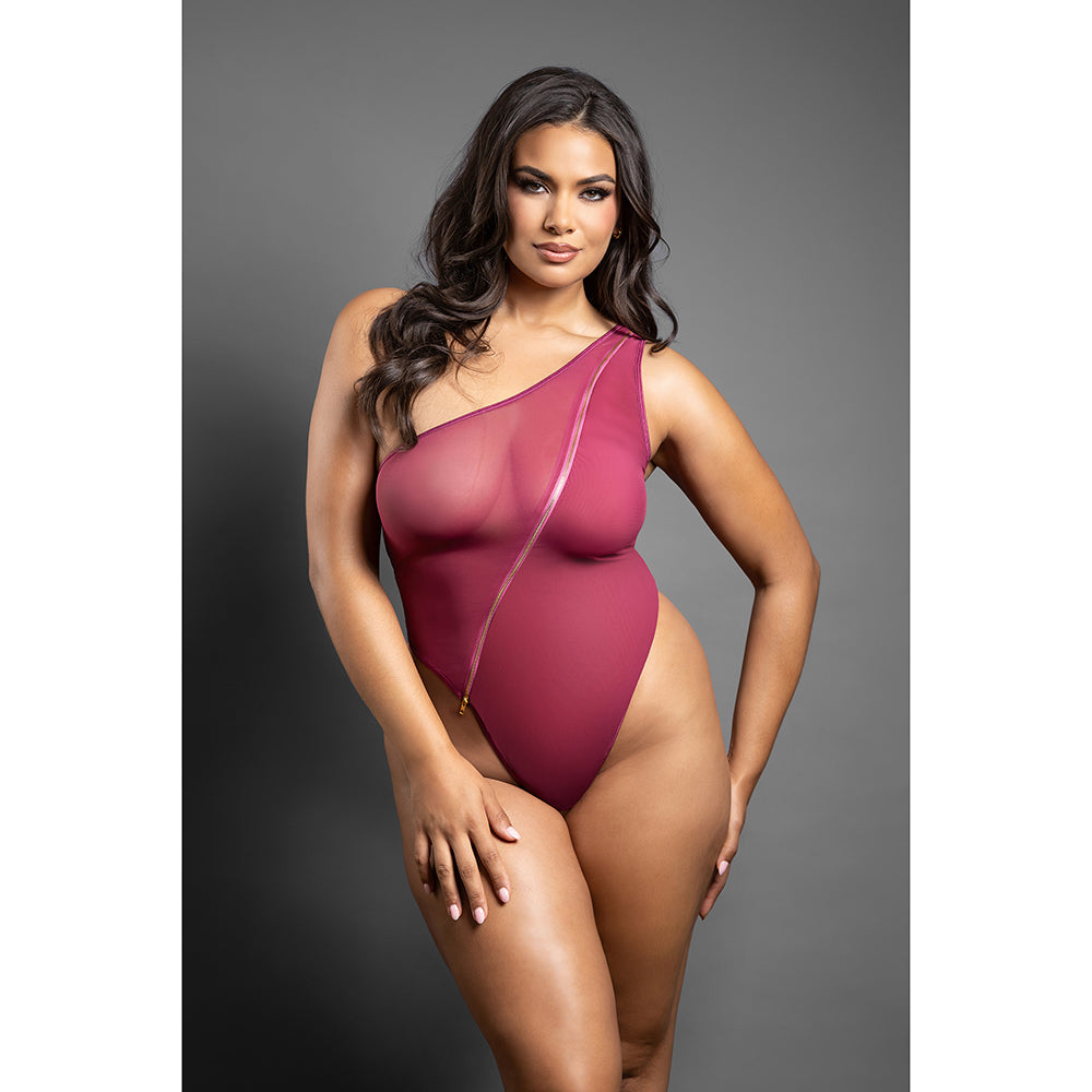 FANTASY LINGERIE - DOMINA CROTCHLESS SHOULDER TEDDY WITH ASYMMETRICAL FRONT ZIPPER BERRY