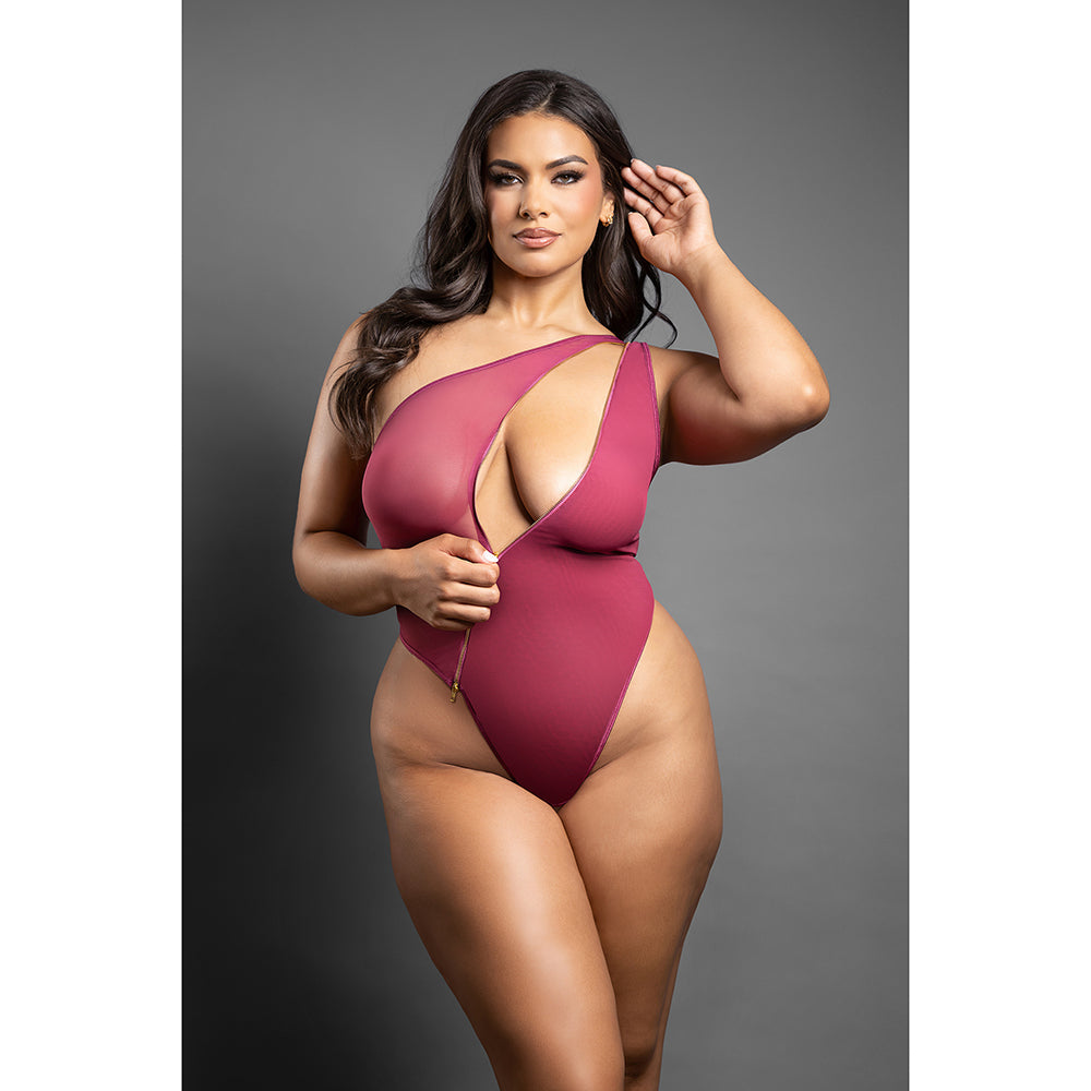 FANTASY LINGERIE - DOMINA CROTCHLESS SHOULDER TEDDY WITH ASYMMETRICAL FRONT ZIPPER BERRY