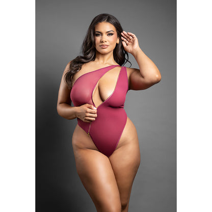 FANTASY LINGERIE - DOMINA CROTCHLESS SHOULDER TEDDY WITH ASYMMETRICAL FRONT ZIPPER BERRY
