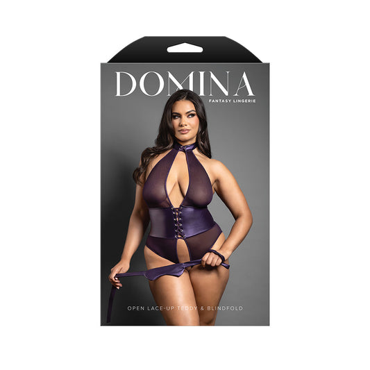FANTASY LINGERIE - DOMINA OPEN HALTER TEDDY WITH LACE-UP DETAIL & BLINDFOLD DEEP PURPLE QUEEN SIZE