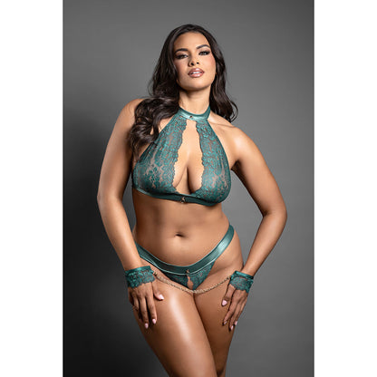 FANTASY LINGERIE - DOMINA KEYHOLE HALTER BRALETTE & OPEN PANTY WITH DETACHABLE CHAIN-LINK CUFFS PINE GREEN QUEEN SIZE