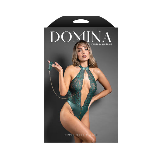 FANTASY LINGERIE - DOMINA KEYHOLE HALTER TEDDY WITH DETACHABLE CHAIN LINK LEASH PINE