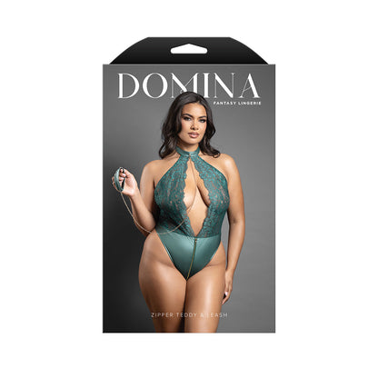 FANTASY LINGERIE - DOMINA KEYHOLE HALTER TEDDY WITH DETACHABLE CHAIN LINK LEASH PINE