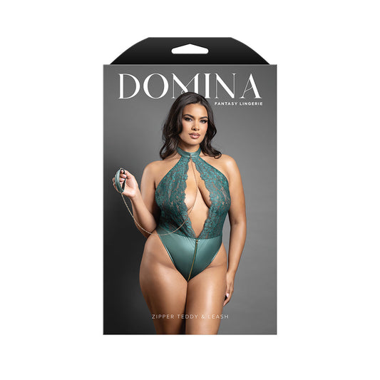 FANTASY LINGERIE - DOMINA KEYHOLE HALTER TEDDY WITH DETACHABLE CHAIN-LINK LEASH PINE GREEN QUEEN SIZE