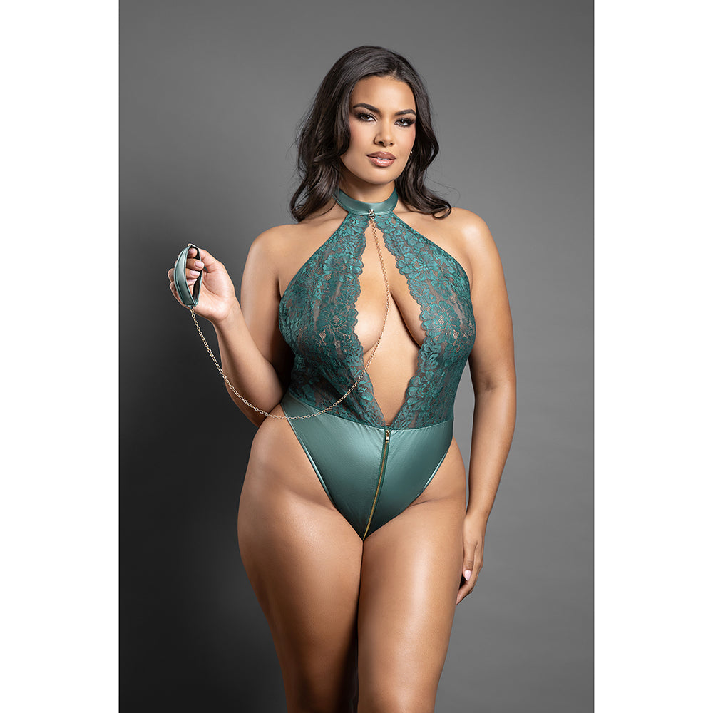 FANTASY LINGERIE - DOMINA KEYHOLE HALTER TEDDY WITH DETACHABLE CHAIN LINK LEASH PINE