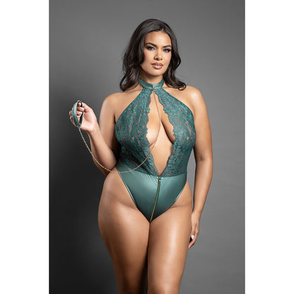FANTASY LINGERIE - DOMINA KEYHOLE HALTER TEDDY WITH DETACHABLE CHAIN LINK LEASH PINE