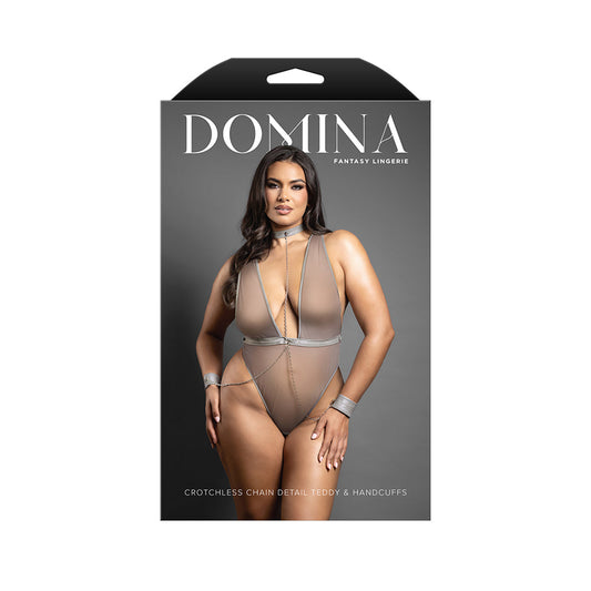 FANTASY LINGERIE - DOMINA CROTCHLESS PLUNGE TEDDY WITH CHAIN-LINK CHOKER & DETACHABLE CUFFS GRAY QUEEN SIZE