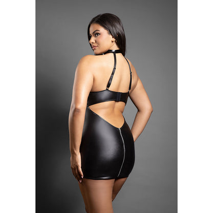 LENCERÍA DE FANTASÍA - CAMISÓN DOMINA CON DETALLES DE CREMALLERA Y CUELLO HALTER CON HEBILLA NEGRO TALLA GRANDE