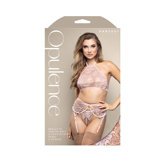 FANTASY LINGERIE - OPULENCE PEARL HALTER BRALETTE GARTER BELT & CROTCHLESS PEARL G STRING