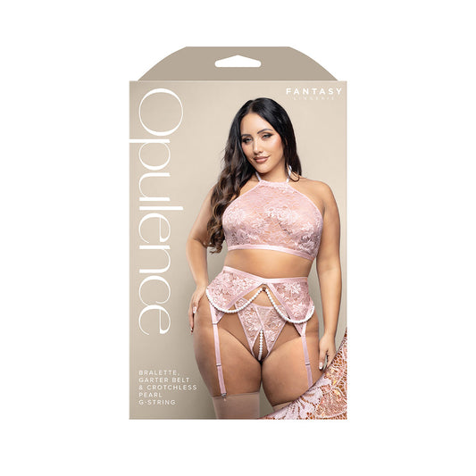FANTASY LINGERIE - OPULENCE PEARL HALTER BRALETTE, GARTER BELT & CROTCHLESS PEARL G-STRING LIGHT PINK QUEEN SIZE