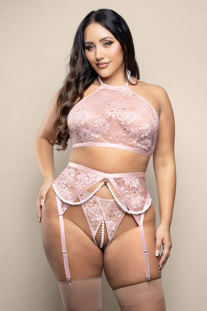 FANTASY LINGERIE - OPULENCE PEARL HALTER BRALETTE, GARTER BELT & CROTCHLESS PEARL G-STRING LIGHT PINK QUEEN SIZE