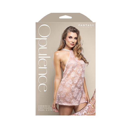 FANTASY LINGERIE - OPULENCE PEARL DRAPED OPEN BACK HALTER CHEMISE & CROTCHLESS PEARL G STRING
