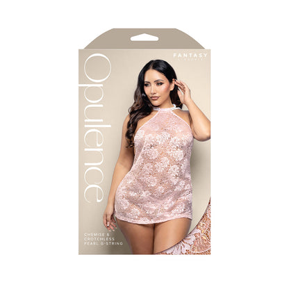 FANTASY LINGERIE - OPULENCE PEARL DRAPED OPEN-BACK HALTER CHEMISE & CROTCHLESS PEARL G-STRING LIGHT PINK QUEEN SIZE