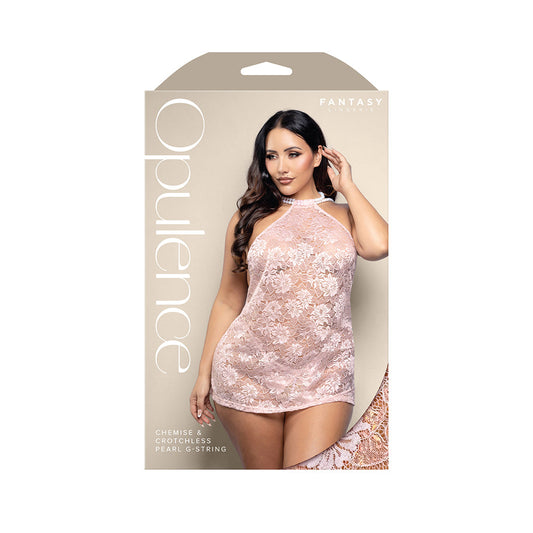 FANTASY LINGERIE - OPULENCE PEARL DRAPED OPEN-BACK HALTER CHEMISE & CROTCHLESS PEARL G-STRING LIGHT PINK QUEEN SIZE