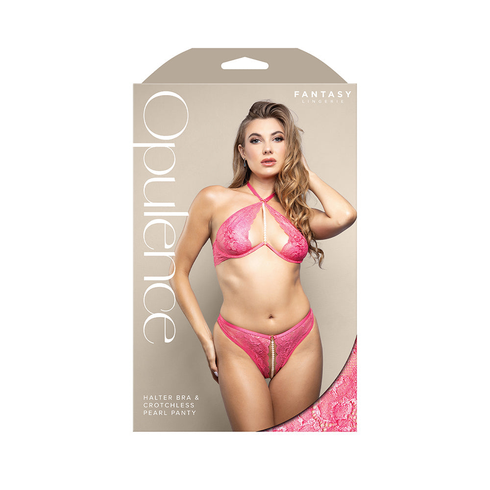 FANTASY LINGERIE - OPULENCE PEARL ACCENT HALTER BRA & ADJUSTABLE CROTCHLESS PEARL PANTY HOT