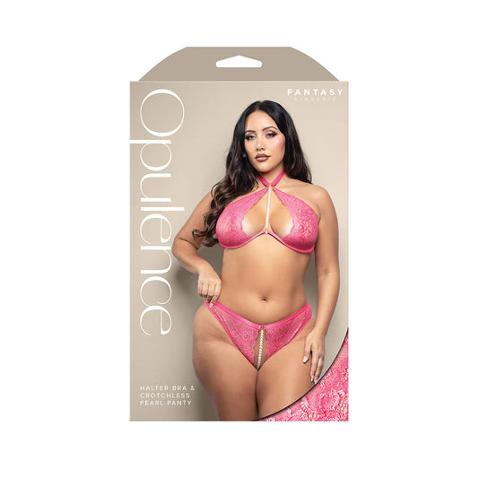 LENCERÍA DE FANTASÍA - SOSTÉN HALTER OPULENCIA CON PERLAS Y TANGA PERLADO AJUSTABLE SIN ENTREPIERNA ROSA FUERTE TALLA GRANDE