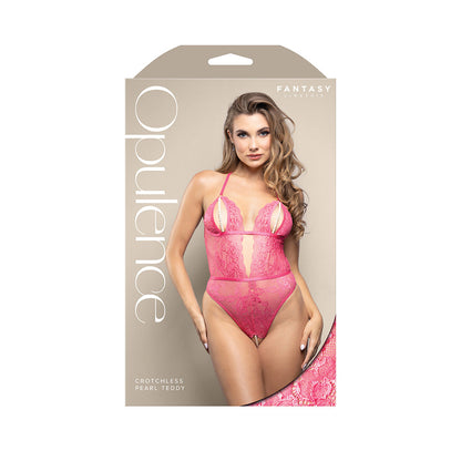 FANTASY LINGERIE - OPULENCE SPLIT PEARL CUP CROTCHLESS TEDDY WITH ADJUSTABLE PEARL G-STRING HOT PINK L/XL