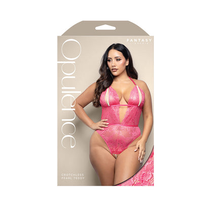 FANTASY LINGERIE - OPULENCE SPLIT PEARL CUP CROTCHLESS TEDDY WITH ADJUSTABLE PEARL G-STRING HOT PINK QUEEN SIZE