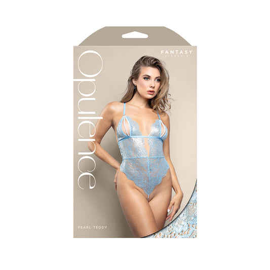 Lencería de fantasía - Teddy OPULENCE con copas divididas de perlas, espalda descubierta y entrepierna con hilo de perlas, azul claro S/M