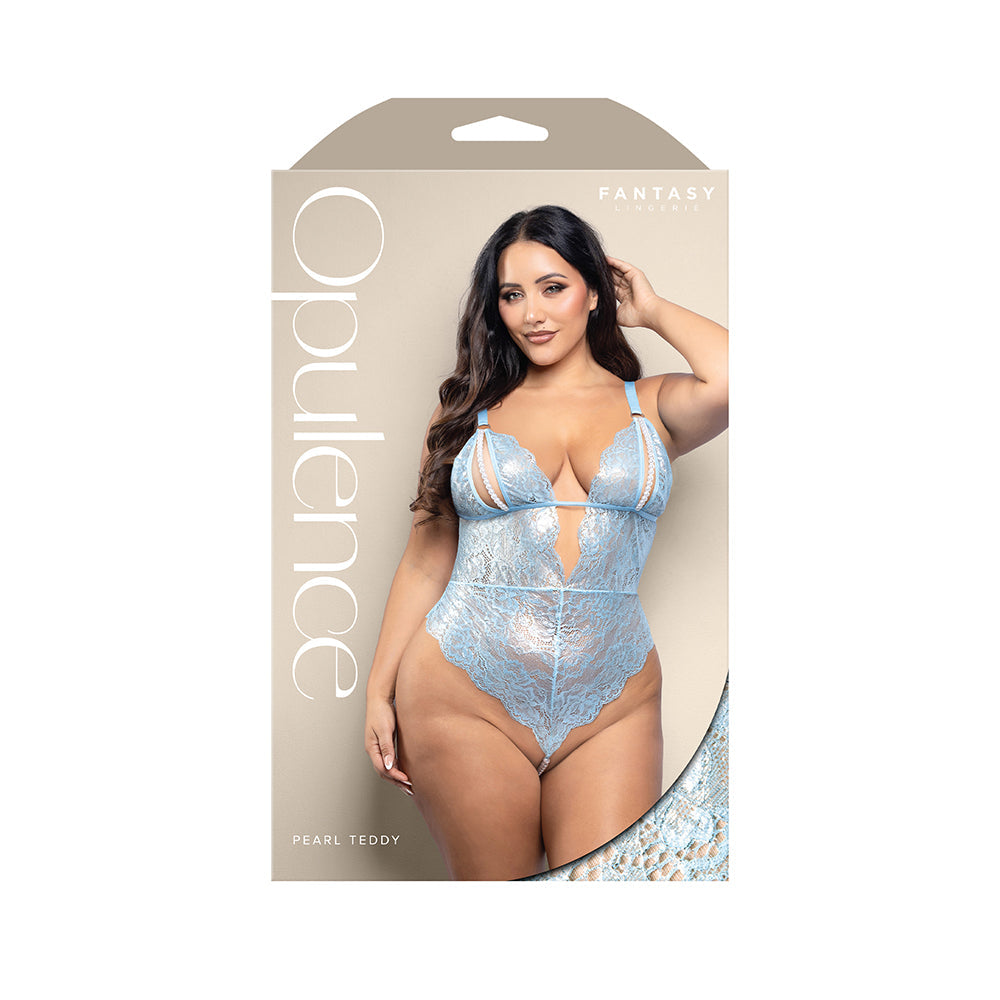 LENCERÍA FANTASÍA - TEDDY OPULENCE CON COPAS DIVIDIDAS DE PERLAS, ESPALDA ABIERTA Y TIRO CON HILO DE PERLAS AZUL CLARO TALLA QUEEN