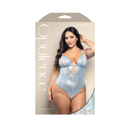LENCERÍA FANTASÍA - TEDDY OPULENCE CON COPAS DIVIDIDAS DE PERLAS, ESPALDA ABIERTA Y TIRO CON HILO DE PERLAS AZUL CLARO TALLA QUEEN