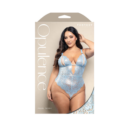 FANTASY LINGERIE - OPULENCE SPLIT PEARL CUP OPEN-BACK TEDDY WITH PEARL STRING CROTCH LIGHT BLUE QUEEN SIZE