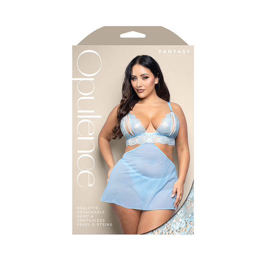 FANTASY LINGERIE - OPULENCE SPLIT PEARL CUP BRALETTE, DETACHABLE SKIRT & ADJUSTABLE PEARL G-STRING LIGHT BLUE QUEEN SIZE