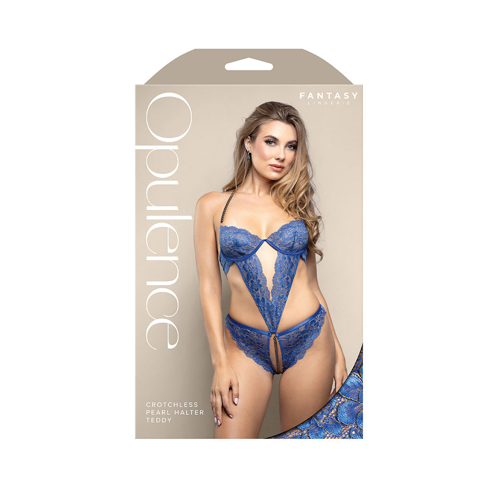 FANTASY LINGERIE - OPULENCE PEARL HALTER OPEN CROTCH TEDDY WITH ADJUSTABLE PEARL STRING ROYAL