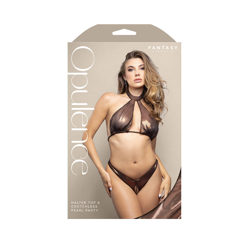 FANTASY LINGERIE - OPULENCE PEARL UNDERBUST HALTER TOP & ADJUSTABLE PEARL STRING OPEN PANTY CHOCOLATE L/XL