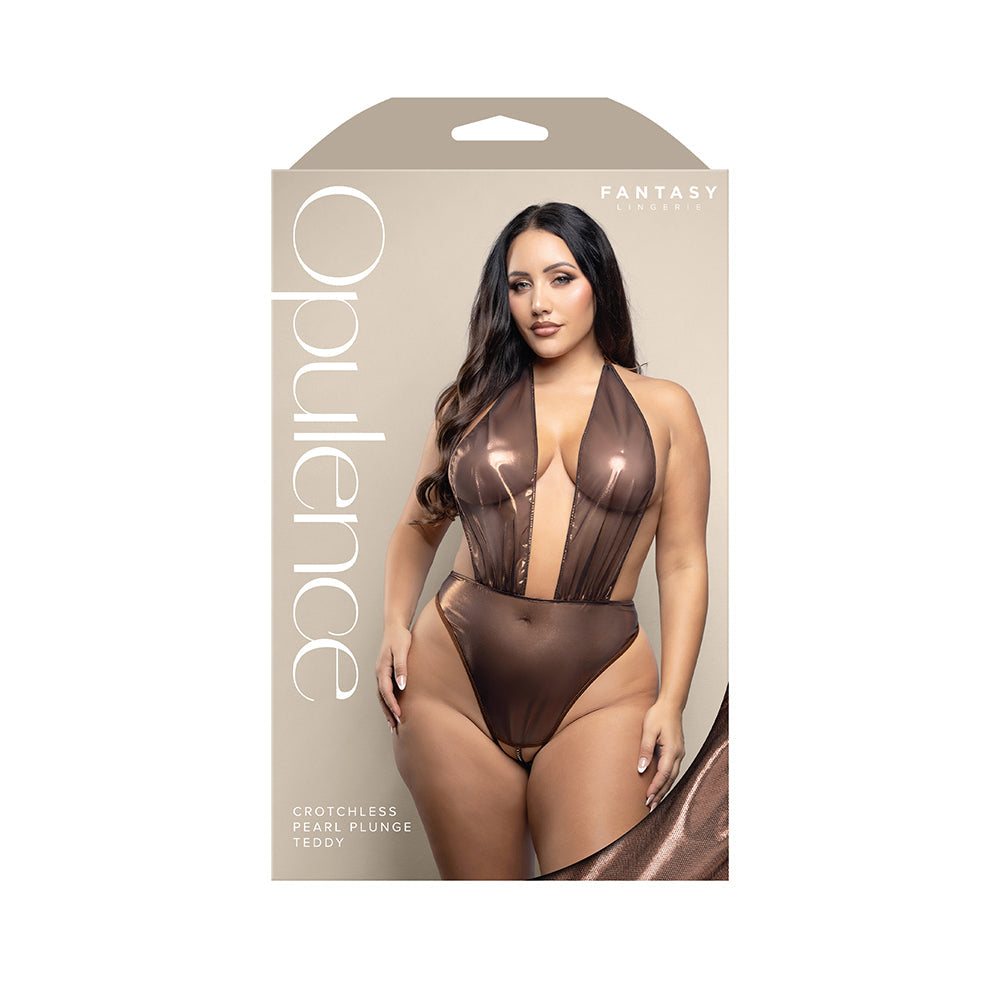 FANTASY LINGERIE - OPULENCE CROTCHLESS PEARL PLUNGE HALTER TEDDY WITH ADJUSTABLE PEARL G-STRING CHOCOLATE QUEEN SIZE