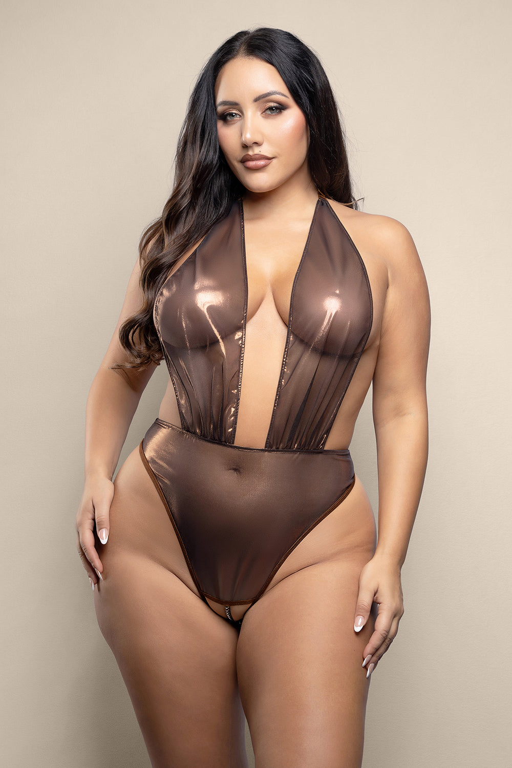 FANTASY LINGERIE - OPULENCE CROTCHLESS PEARL PLUNGE HALTER TEDDY WITH ADJUSTABLE PEARL G-STRING CHOCOLATE QUEEN SIZE