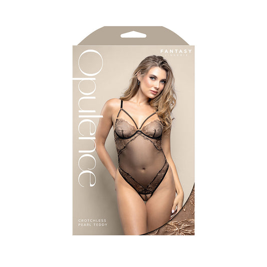 FANTASY LINGERIE - OPULENCE CROTCHLESS PEARL CAGE NECKLINE TEDDY WITH ADJUSTABLE PEARL G STRING