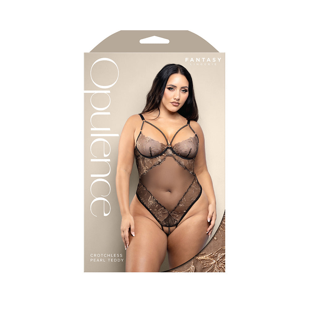 FANTASY LINGERIE - OPULENCE CROTCHLESS PEARL CAGE NECKLINE TEDDY WITH ADJUSTABLE PEARL G-STRING BLACK QUEEN SIZE
