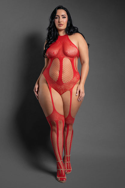 LENCERÍA DE FANTASÍA - TEDDY BODYSTOCKING CON HALTER TRANSPARENTE A RAYAS Y ESPALDA AL AIRE ROJO TALLA GRANDE