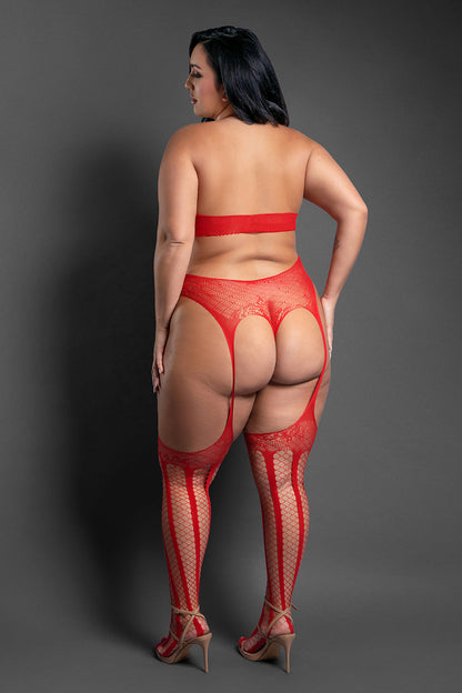 LENCERÍA DE FANTASÍA - TEDDY BODYSTOCKING CON HALTER TRANSPARENTE A RAYAS Y ESPALDA AL AIRE ROJO TALLA GRANDE