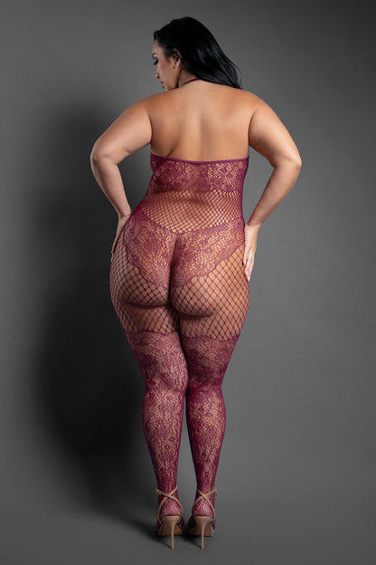 FANTASY LINGERIE - SHEER OUR MOMENT CROTCHLESS HALTER BODYSTOCKING PLUM QUEEN SIZE