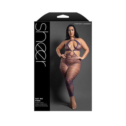 FANTASY LINGERIE - SHEER SET ME FREE FOOTLESS OPEN-CROTCH HALTER BODYSTOCKING DARK PURPLE QUEEN SIZE