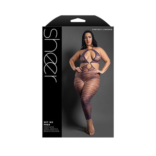 FANTASY LINGERIE - SHEER SET ME FREE FOOTLESS OPEN-CROTCH HALTER BODYSTOCKING DARK PURPLE QUEEN SIZE