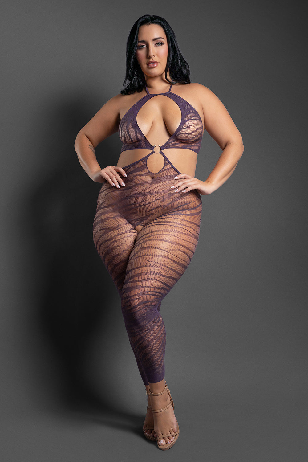 FANTASY LINGERIE - SHEER SET ME FREE FOOTLESS OPEN-CROTCH HALTER BODYSTOCKING DARK PURPLE QUEEN SIZE