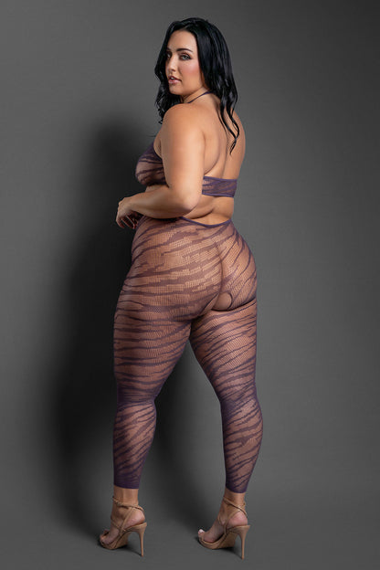 FANTASY LINGERIE - SHEER SET ME FREE FOOTLESS OPEN-CROTCH HALTER BODYSTOCKING DARK PURPLE QUEEN SIZE