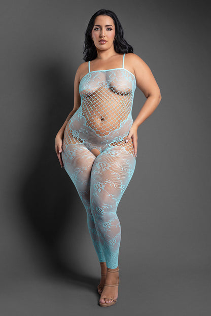 Lencería de fantasía - Medias transparentes tipo bodystocking con entrepierna abierta, sin pies, talla grande, azul claro, "Sueña conmigo"