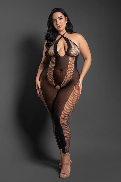 FANTASY LINGERIE - SHEER MAKE YOUR MOVE FOOTLESS OPEN-CROTCH HALTER BODYSTOCKING BLACK QUEEN SIZE