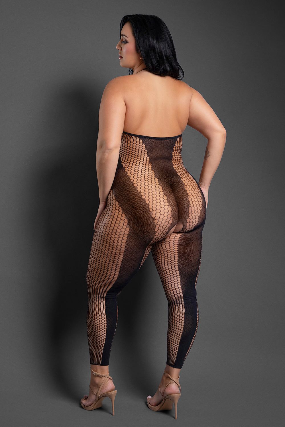 FANTASY LINGERIE - SHEER MAKE YOUR MOVE FOOTLESS OPEN-CROTCH HALTER BODYSTOCKING BLACK QUEEN SIZE