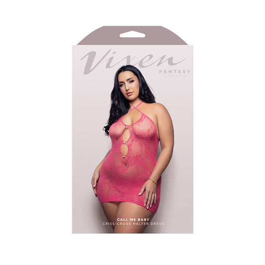 LENCERÍA DE FANTASÍA - VIXEN VESTIDO HALTER CRUZADO ATADO CALL ME BABY CON DETALLES DE PERLAS ROSA INTENSO TALLA QUEEN