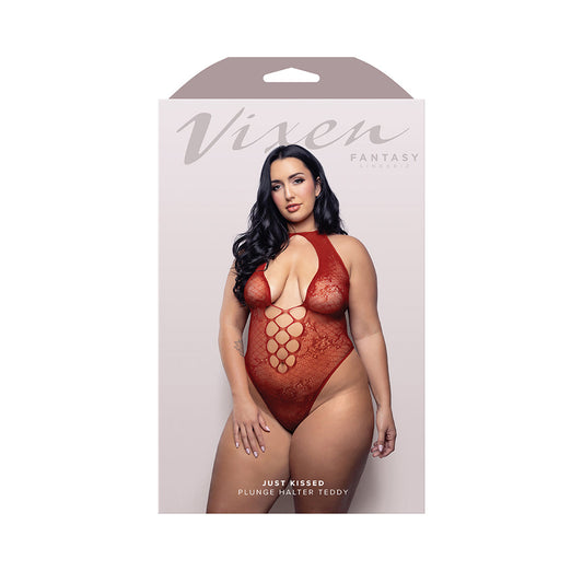 LENCERÍA DE FANTASÍA - BODY CON ESCOTE PRONUNCIADO Y TIRANTES AL CUELLO VIXEN JUST KISSED ROJO TALLA GRANDE